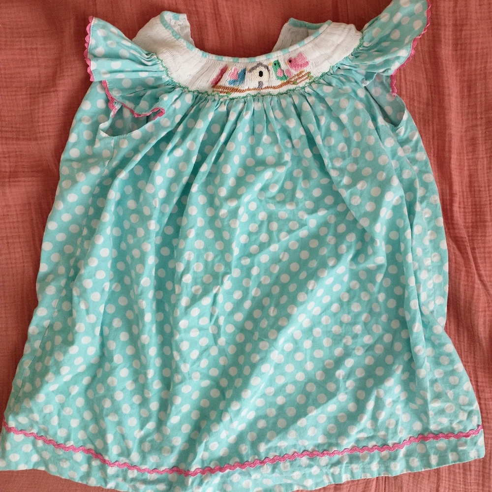 Light blue polka dot bird smocked dress